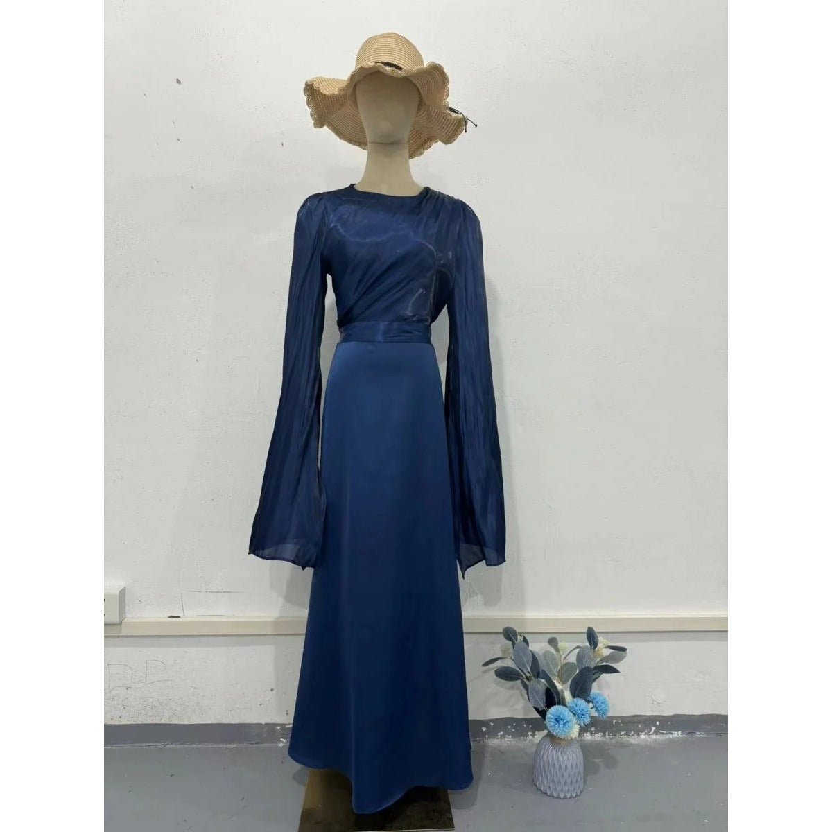 Elegant Summer Satin Slim Dress with Glass Yarn Pendulum Sleeves (MA161) - Mariam's Collection