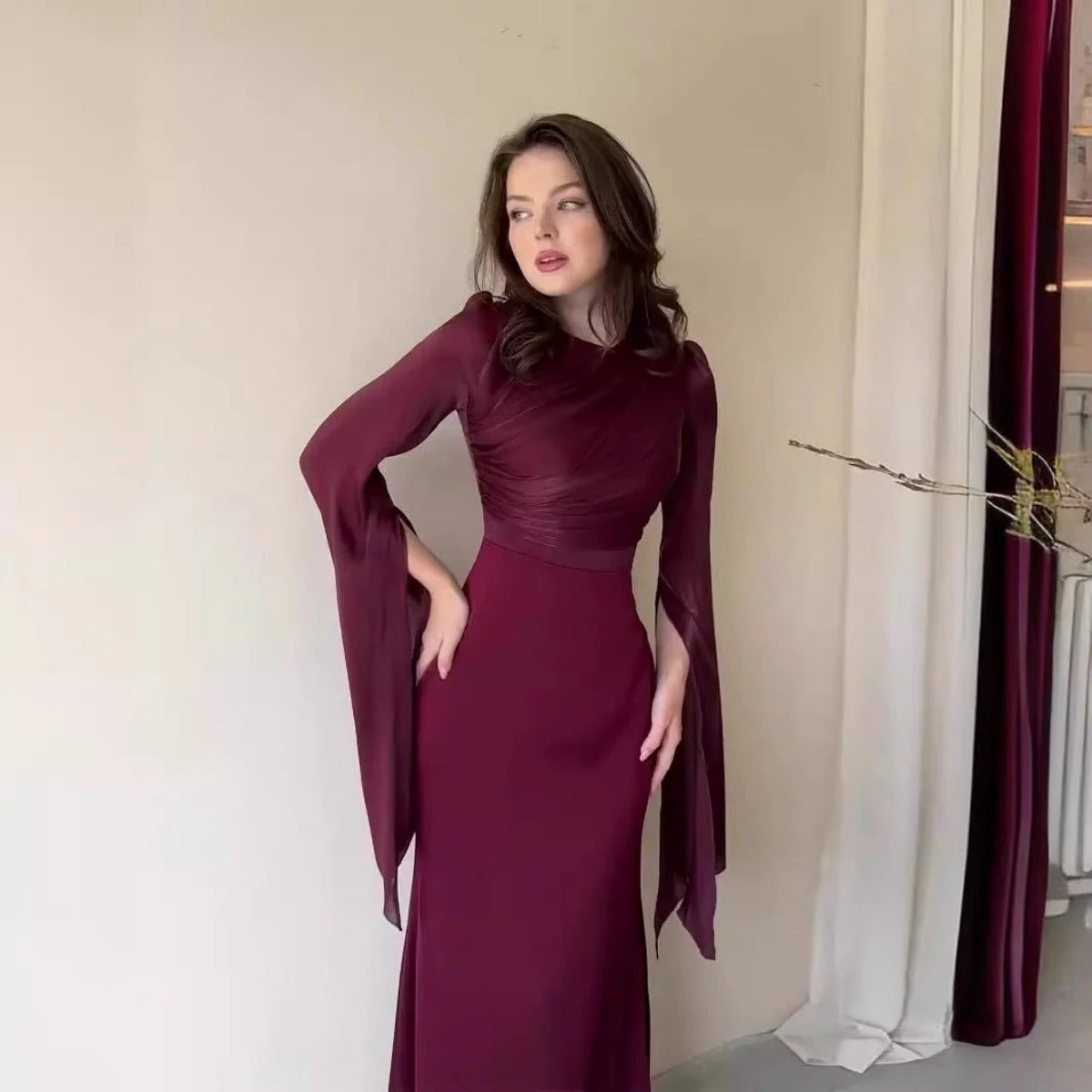 Elegant Summer Satin Slim Dress with Glass Yarn Pendulum Sleeves (MA161) - Mariam's Collection