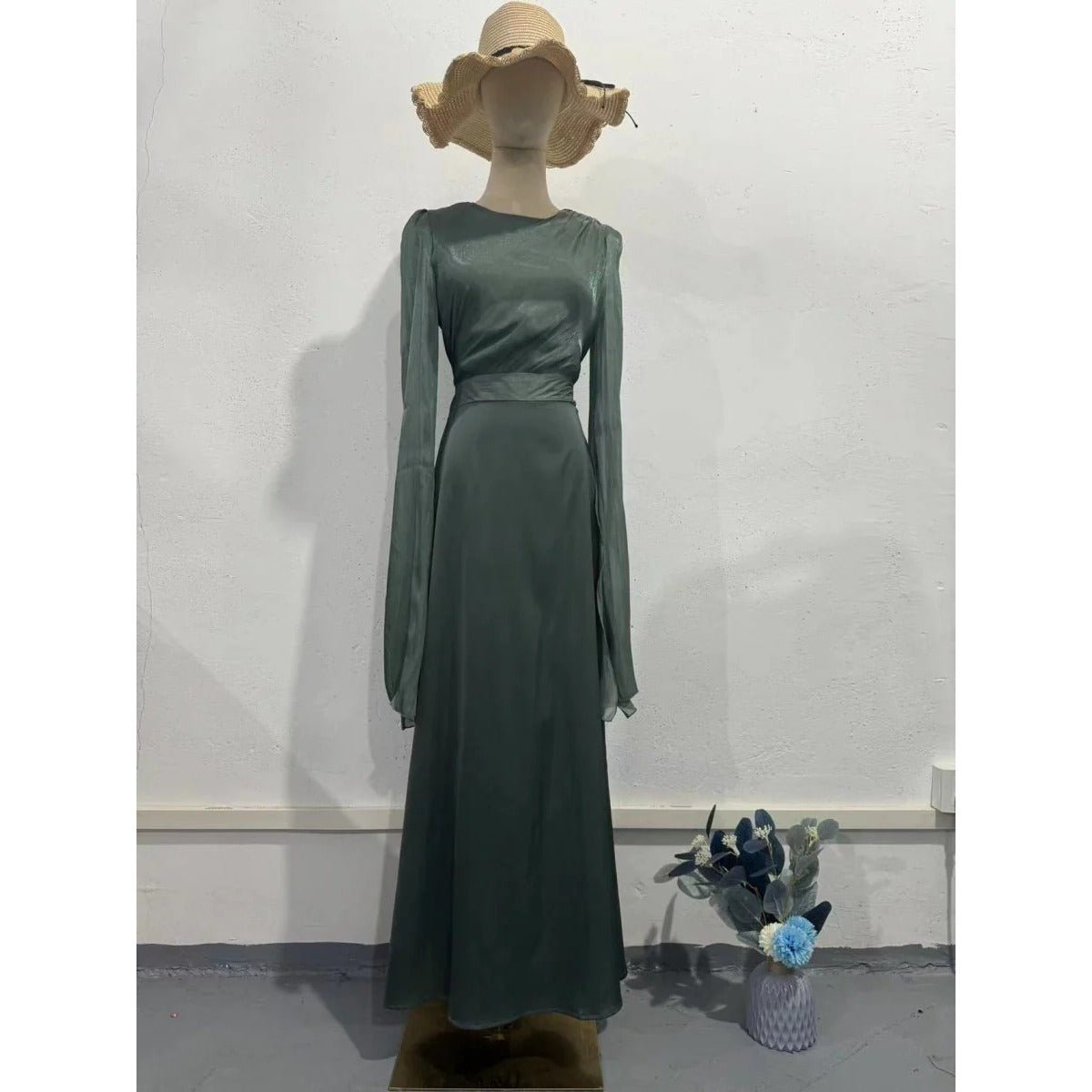 Elegant Summer Satin Slim Dress with Glass Yarn Pendulum Sleeves (MA161) - Mariam's Collection