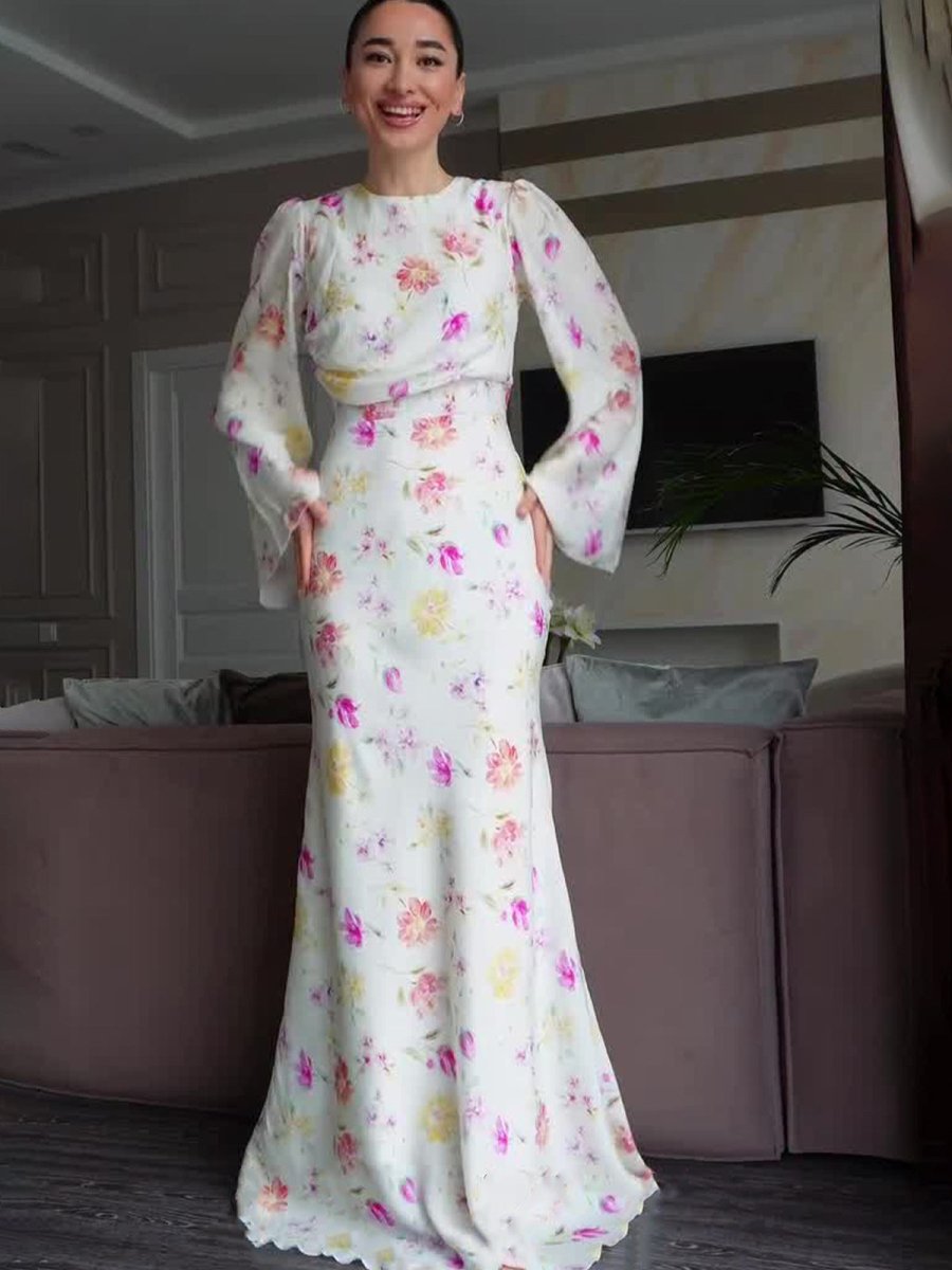 Elegant Sweetheart Neckline Floral Print Bells Sleeve Dress Abaya with Waist Tie. (MA210) - Mariam's Collection