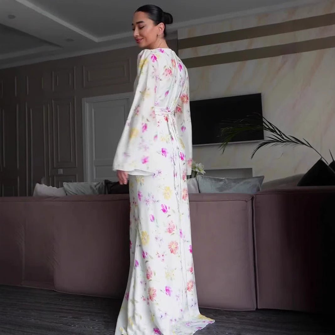Elegant Sweetheart Neckline Floral Print Bells Sleeve Dress Abaya with Waist Tie. (MA210) - Mariam's Collection