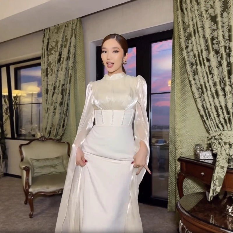 Elegant Swinging Sleeve Silk Satin Abaya Dress | High Waist Modest Maxi Dress with Back Strap Detail(MA295) - Mariam's Collection