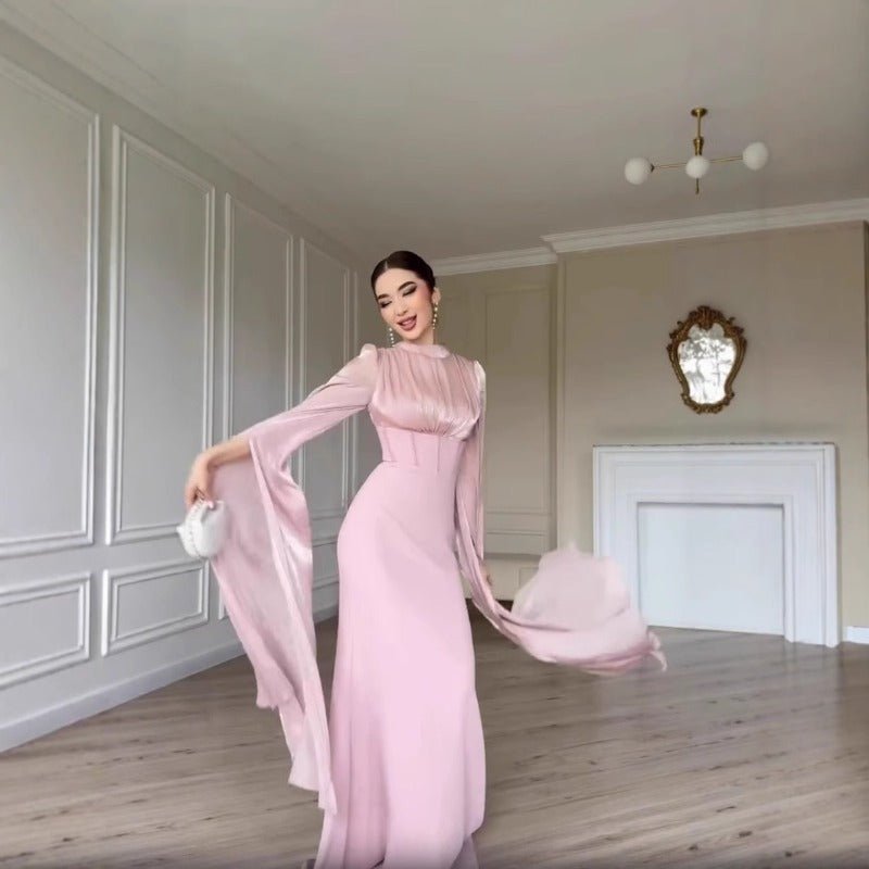 Elegant Swinging Sleeve Silk Satin Abaya Dress | High Waist Modest Maxi Dress with Back Strap Detail(MA295) - Mariam's Collection