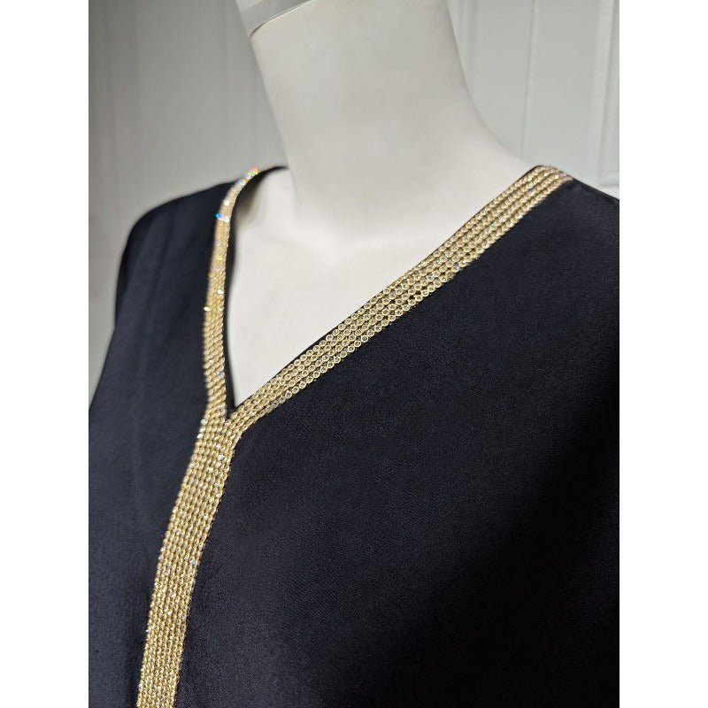 Elegant V - Neck Diamond Accent Bat Sleeve Abaya Robe | Metal Placket Cuff Long Dress(MA293) - Mariam's Collection