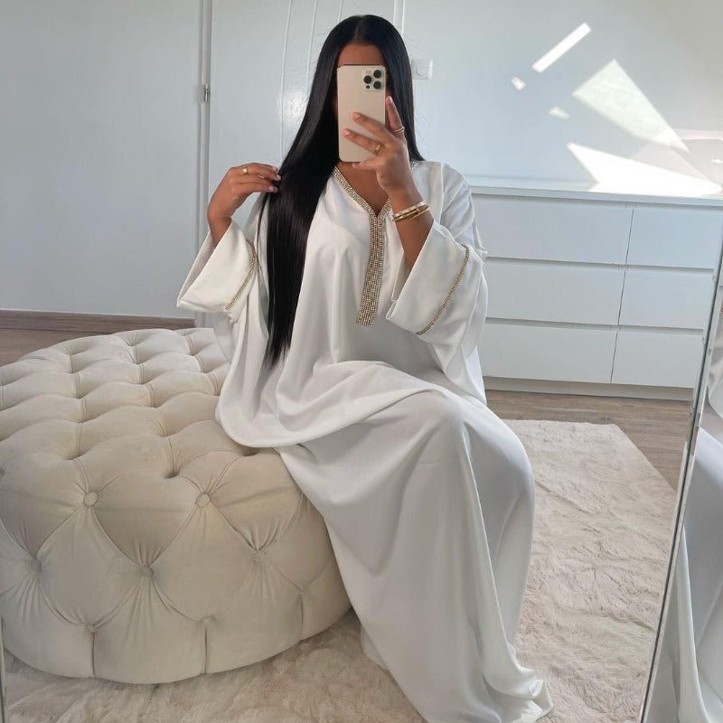 Elegant V-Neck Abaya Robe With Diamond Accent | Bat Sleeve Long Dress