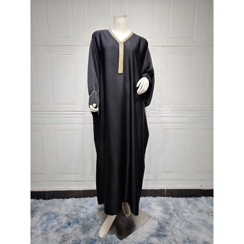 Elegant V - Neck Diamond Accent Bat Sleeve Abaya Robe | Metal Placket Cuff Long Dress(MA293) - Mariam's Collection