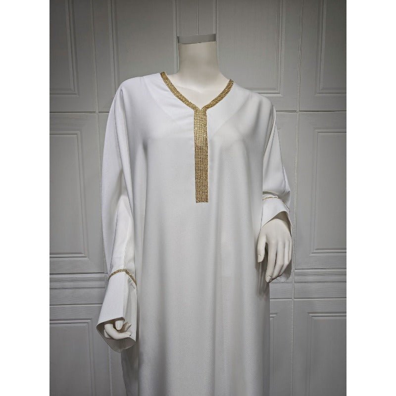 Elegant V - Neck Diamond Accent Bat Sleeve Abaya Robe | Metal Placket Cuff Long Dress(MA293) - Mariam's Collection