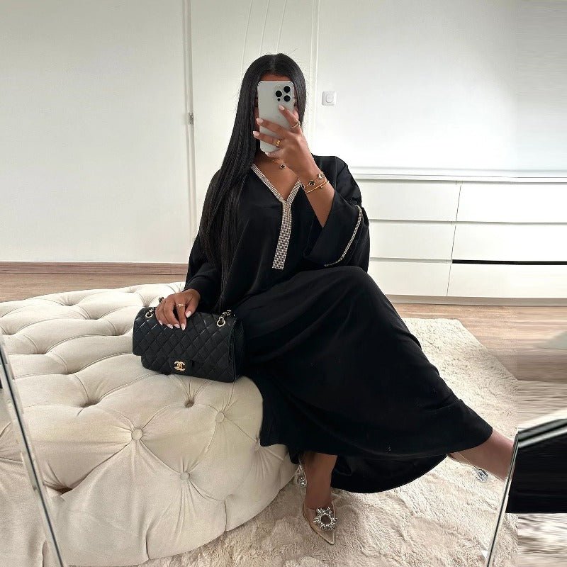Elegant V - Neck Diamond Accent Bat Sleeve Abaya Robe | Metal Placket Cuff Long Dress(MA293) - Mariam's Collection