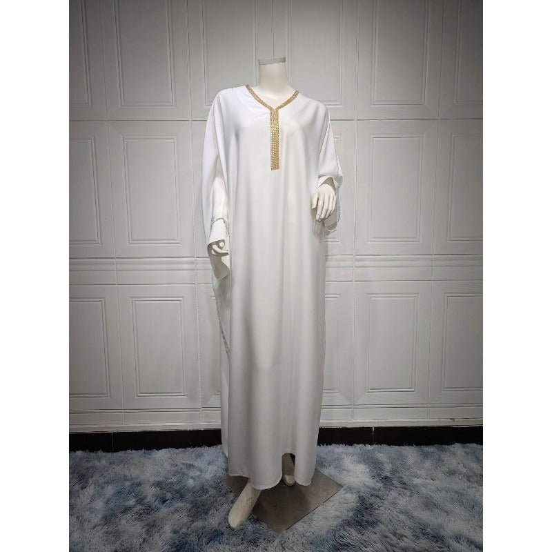 Elegant V - Neck Diamond Accent Bat Sleeve Abaya Robe | Metal Placket Cuff Long Dress(MA293) - Mariam's Collection