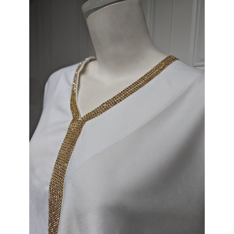 Elegant V - Neck Diamond Accent Bat Sleeve Abaya Robe | Metal Placket Cuff Long Dress(MA293) - Mariam's Collection