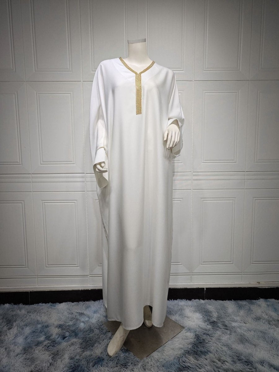 Elegant V - Neck Diamond Accent Bat Sleeve Abaya Robe | Metal Placket Cuff Long Dress(MA293) - Mariam's Collection