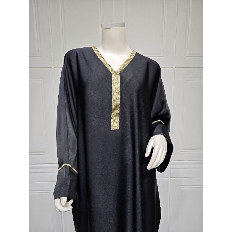 Elegant V - Neck Diamond Accent Bat Sleeve Abaya Robe | Metal Placket Cuff Long Dress(MA293) - Mariam's Collection