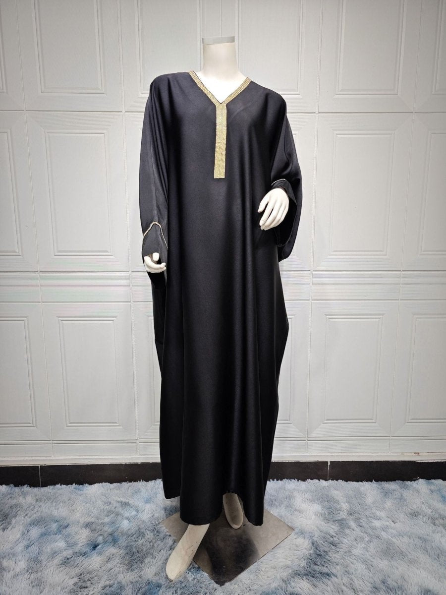 Elegant V - Neck Diamond Accent Bat Sleeve Abaya Robe | Metal Placket Cuff Long Dress(MA293) - Mariam's Collection