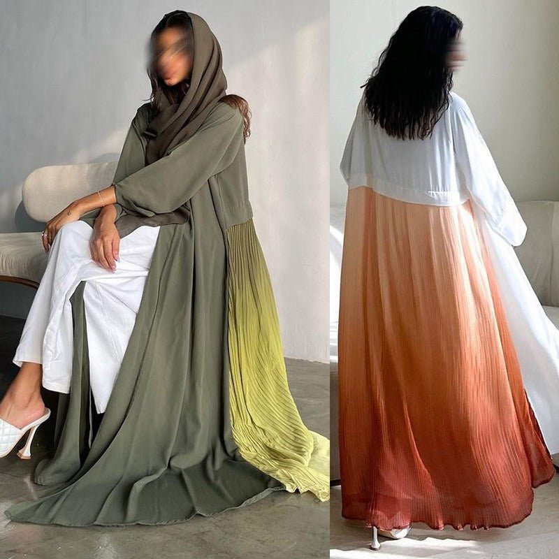 Elegant V - Neck Gradient Pleated Abaya Robe | Modest Muslim Chiffon Cardigan Maxi Dress(MOA223) - Mariam's Collection
