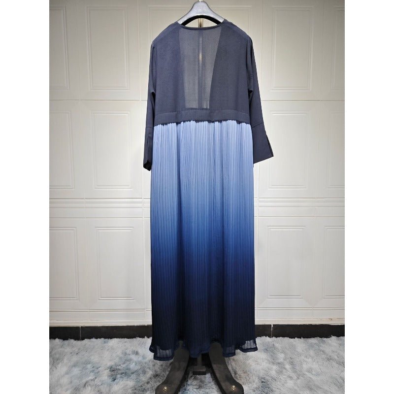 Elegant V - Neck Gradient Pleated Abaya Robe | Modest Muslim Chiffon Cardigan Maxi Dress(MOA223) - Mariam's Collection