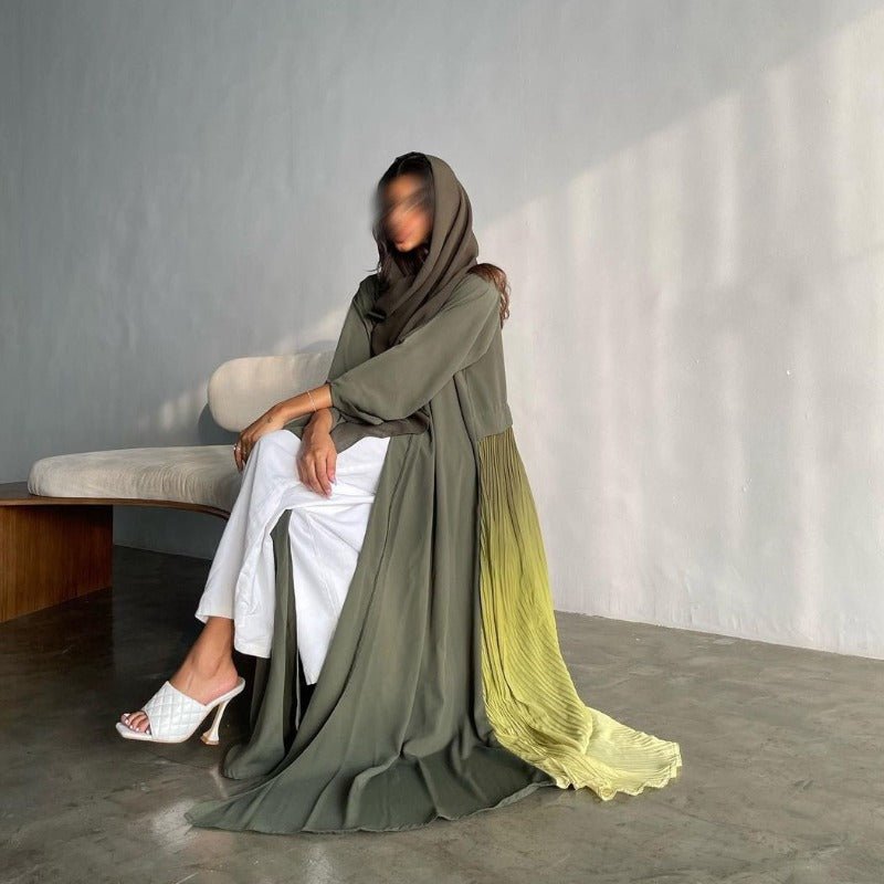 Elegant V - Neck Gradient Pleated Abaya Robe | Modest Muslim Chiffon Cardigan Maxi Dress(MOA223) - Mariam's Collection