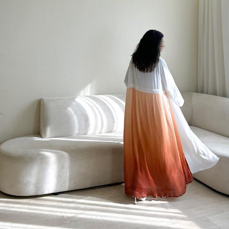 Elegant V - Neck Gradient Pleated Abaya Robe | Modest Muslim Chiffon Cardigan Maxi Dress(MOA223) - Mariam's Collection