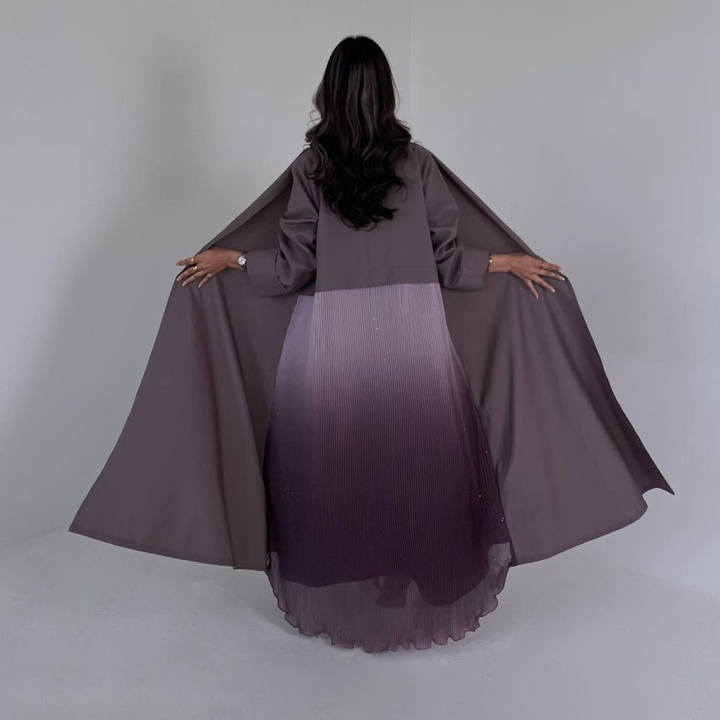 Elegant V - Neck Gradient Pleated Abaya Robe | Modest Muslim Chiffon Cardigan Maxi Dress(MOA223) - Mariam's Collection