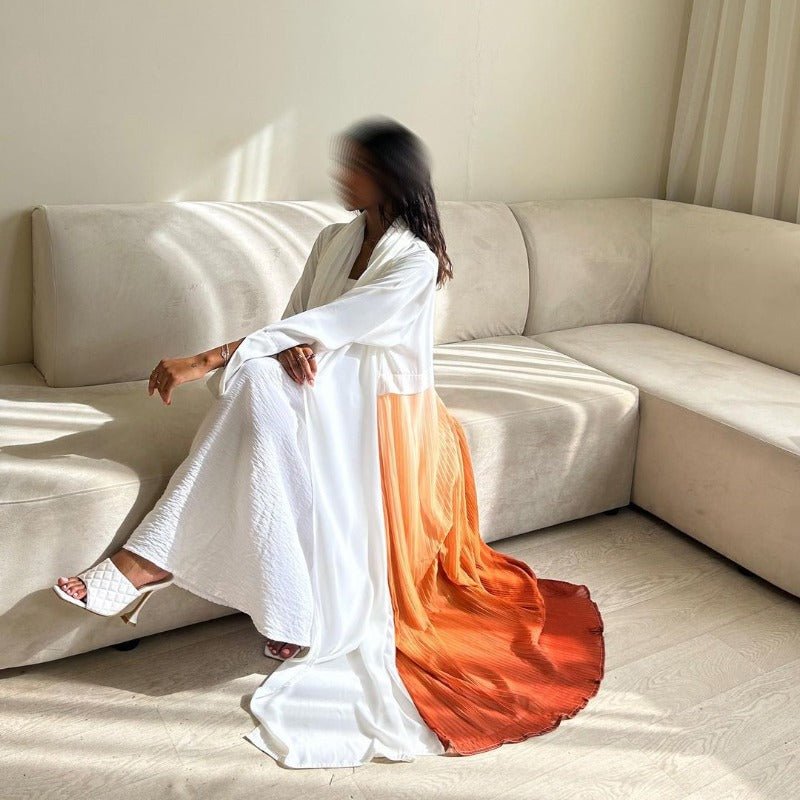 Elegant V - Neck Gradient Pleated Abaya Robe | Modest Muslim Chiffon Cardigan Maxi Dress(MOA223) - Mariam's Collection