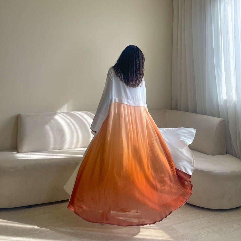 Elegant V - Neck Gradient Pleated Abaya Robe | Modest Muslim Chiffon Cardigan Maxi Dress(MOA223) - Mariam's Collection