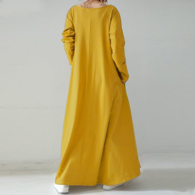 Elegant V - Neck Long Sleeve Maxi Dress | Loose Fit Cotton Blend Dress with Hidden Pockets(MA314) - Mariam's Collection