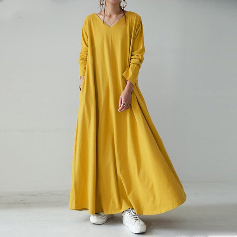 Elegant V - Neck Long Sleeve Maxi Dress | Loose Fit Cotton Blend Dress with Hidden Pockets(MA314) - Mariam's Collection