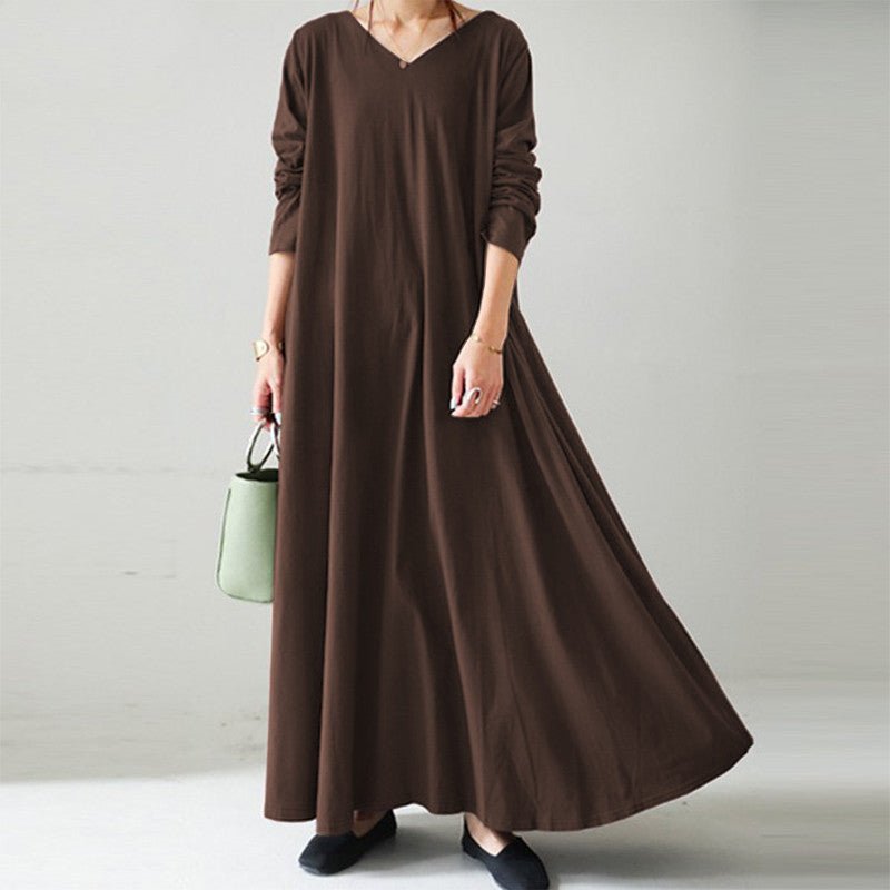 Elegant V - Neck Long Sleeve Maxi Dress | Loose Fit Cotton Blend Dress with Hidden Pockets(MA314) - Mariam's Collection