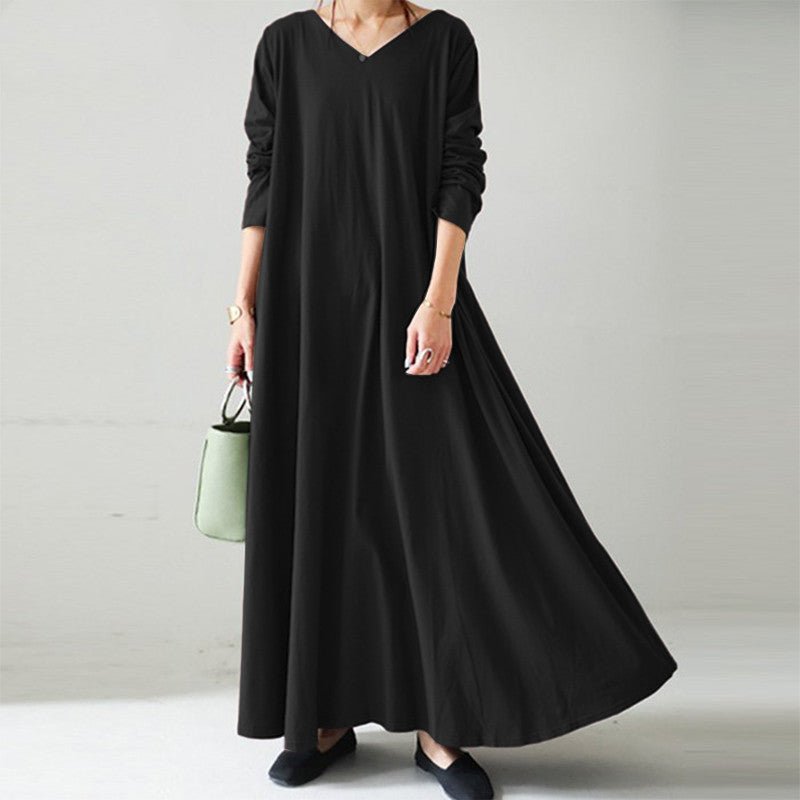 Elegant V - Neck Long Sleeve Maxi Dress | Loose Fit Cotton Blend Dress with Hidden Pockets(MA314) - Mariam's Collection