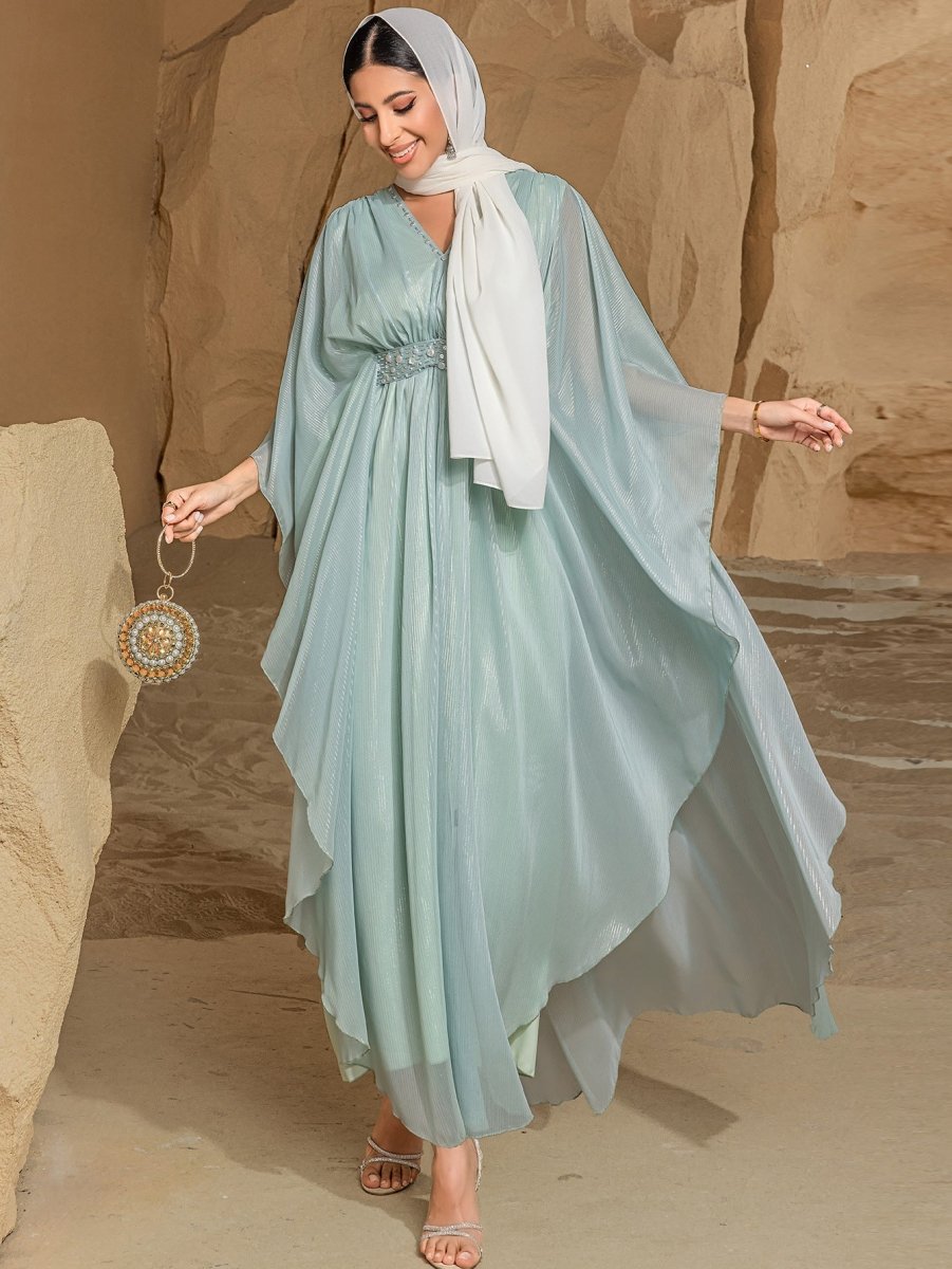 Elegant V - Neck Luxury Hand - Sewn Bead Embellished Travel & Party Abaya Robe Dress. (MA188) - Mariam's Collection