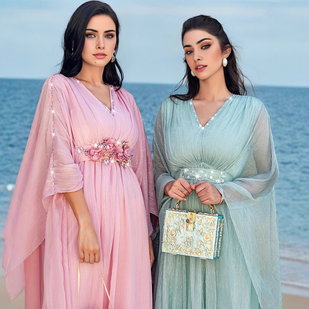 Elegant V - Neck Luxury Hand - Sewn Bead Embellished Travel & Party Abaya Robe Dress. (MA188) - Mariam's Collection