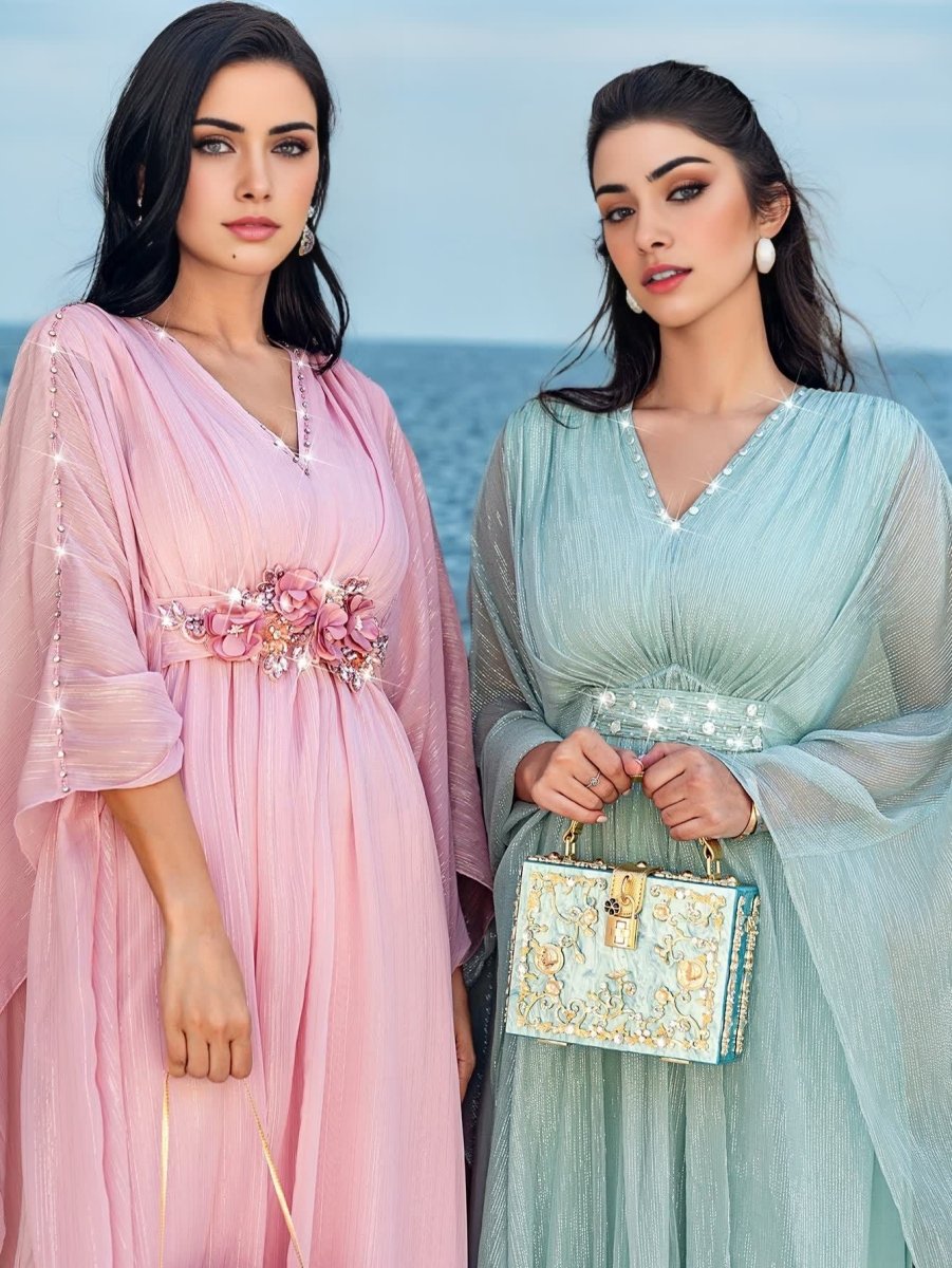 Elegant V - Neck Luxury Hand - Sewn Bead Embellished Travel & Party Abaya Robe Dress. (MA188) - Mariam's Collection