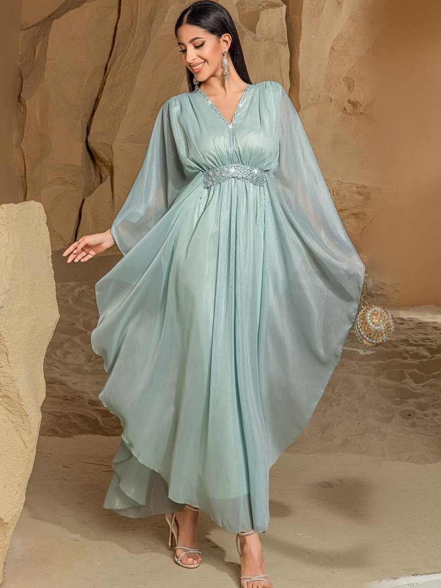 Elegant V - Neck Luxury Hand - Sewn Bead Embellished Travel & Party Abaya Robe Dress. (MA188) - Mariam's Collection