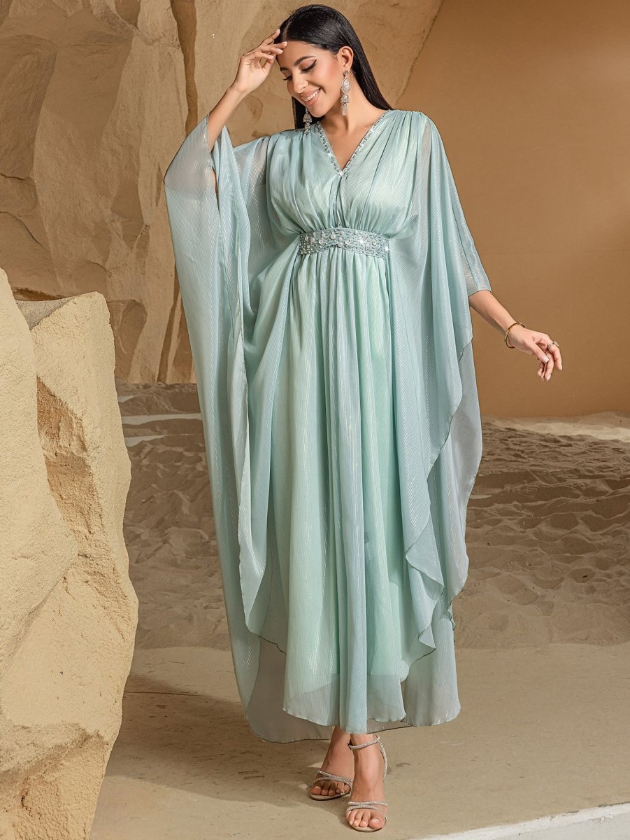 Elegant V - Neck Luxury Hand - Sewn Bead Embellished Travel & Party Abaya Robe Dress. (MA188) - Mariam's Collection