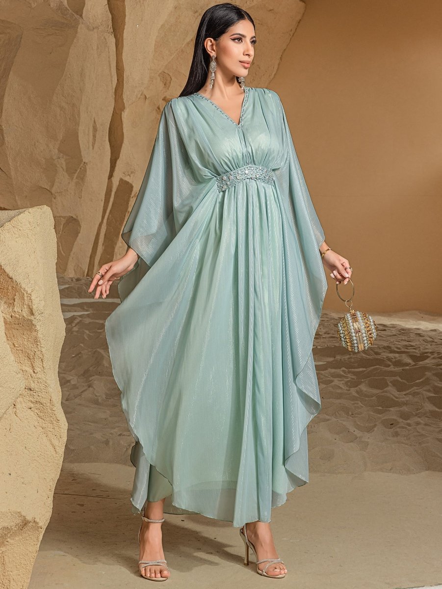 Elegant V - Neck Luxury Hand - Sewn Bead Embellished Travel & Party Abaya Robe Dress. (MA188) - Mariam's Collection
