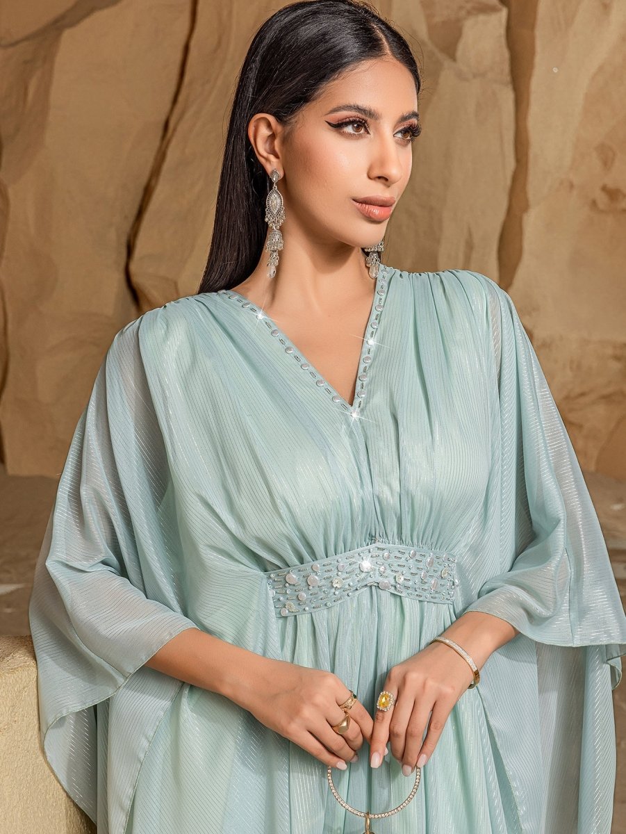 Elegant V - Neck Luxury Hand - Sewn Bead Embellished Travel & Party Abaya Robe Dress. (MA188) - Mariam's Collection
