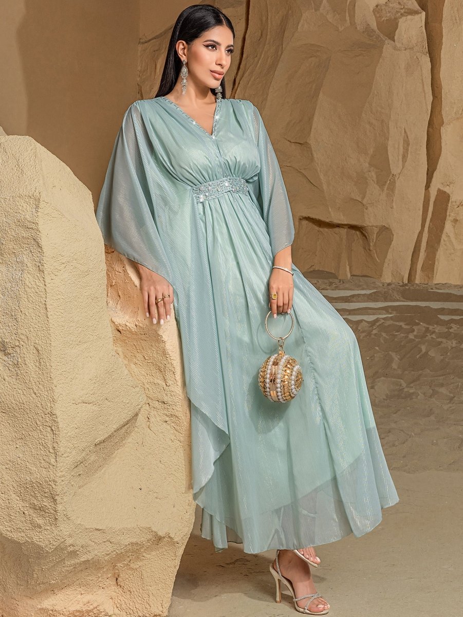 Elegant V - Neck Luxury Hand - Sewn Bead Embellished Travel & Party Abaya Robe Dress. (MA188) - Mariam's Collection