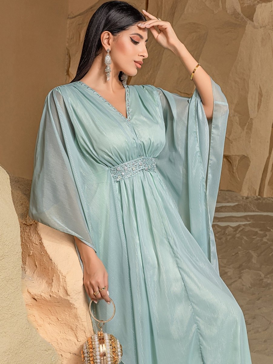 Elegant V - Neck Luxury Hand - Sewn Bead Embellished Travel & Party Abaya Robe Dress. (MA188) - Mariam's Collection