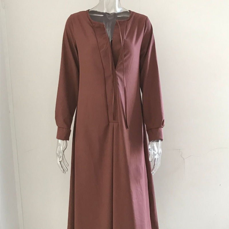 Elegant V - Neck Maxi Dress with Drawstring Design | Contemporary Modest Wear (MS121) - Mariam's Collection