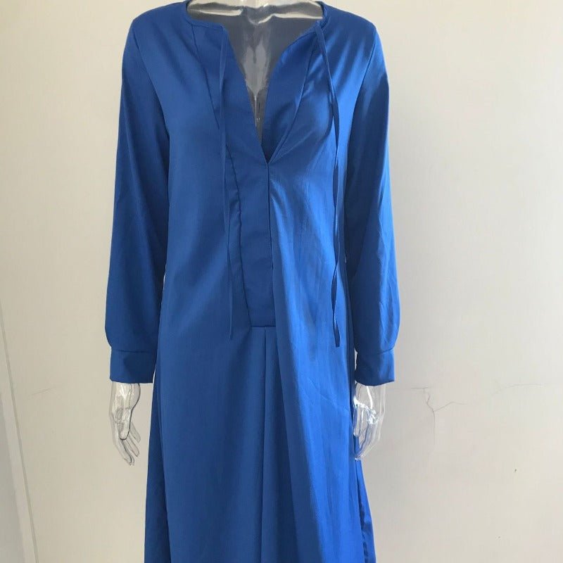 Elegant V - Neck Maxi Dress with Drawstring Design | Contemporary Modest Wear (MS121) - Mariam's Collection