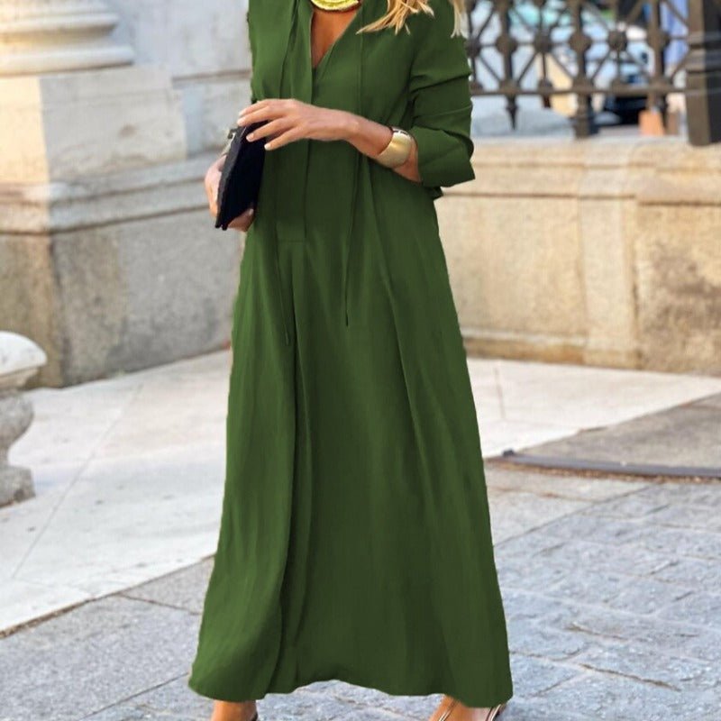 Elegant V - Neck Maxi Dress with Drawstring Design | Contemporary Modest Wear (MS121) - Mariam's Collection