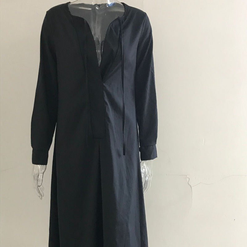 Elegant V - Neck Maxi Dress with Drawstring Design | Contemporary Modest Wear (MS121) - Mariam's Collection