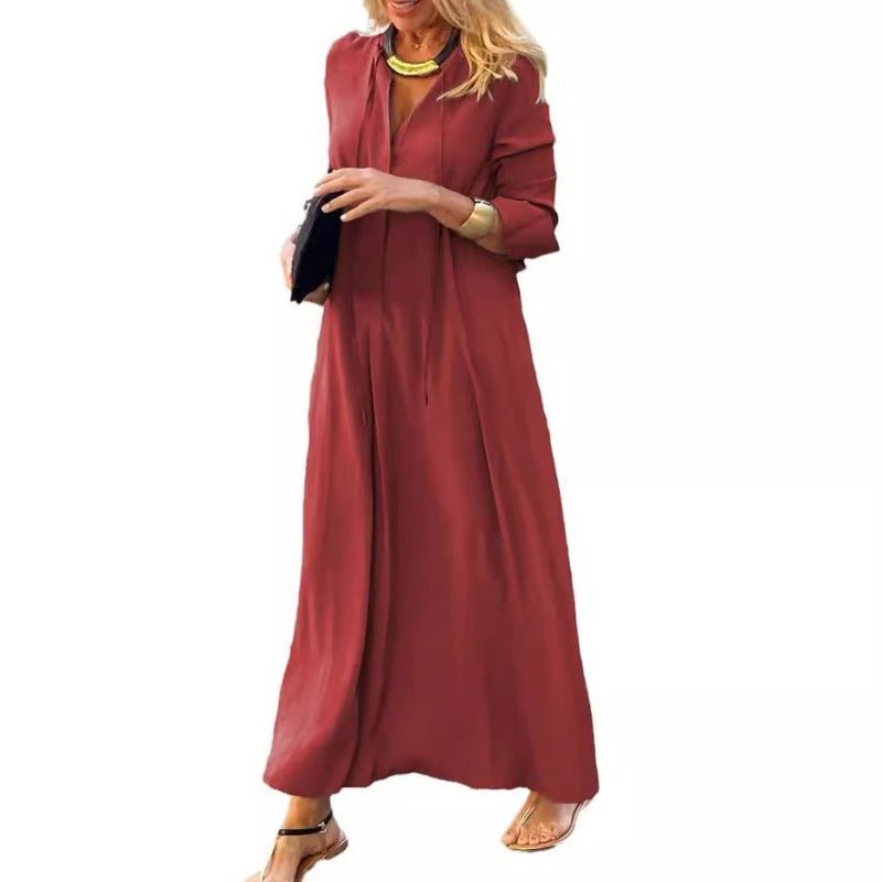 Elegant V - Neck Maxi Dress with Drawstring Design | Contemporary Modest Wear (MS121) - Mariam's Collection