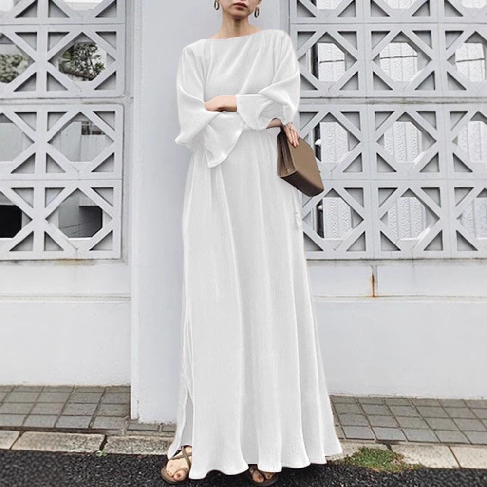 Elegant Vintage Solid Color Maxi Dress | Cinched Waist Long Robe(MA323) - Mariam's Collection