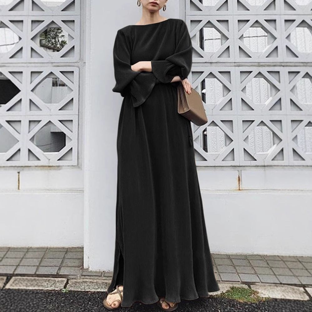 Elegant Vintage Solid Color Maxi Dress | Cinched Waist Long Robe(MA323) - Mariam's Collection