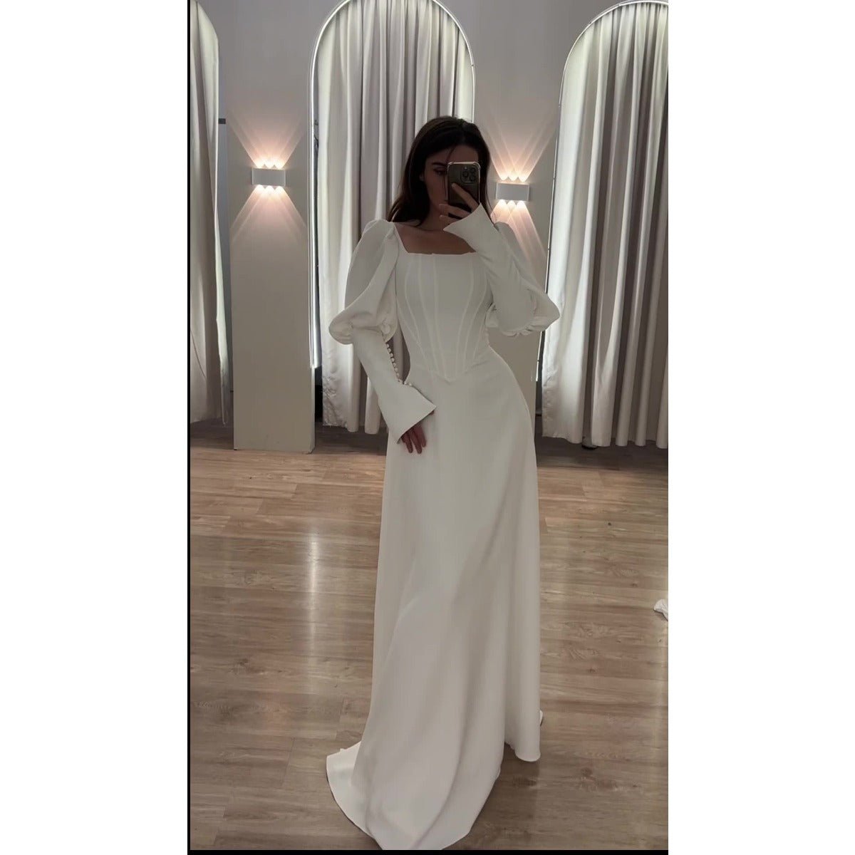 Elegant White Square Neck Long Sleeve Bubble Sleeve Modest Dress Abaya . (MA228) - Mariam's Collection