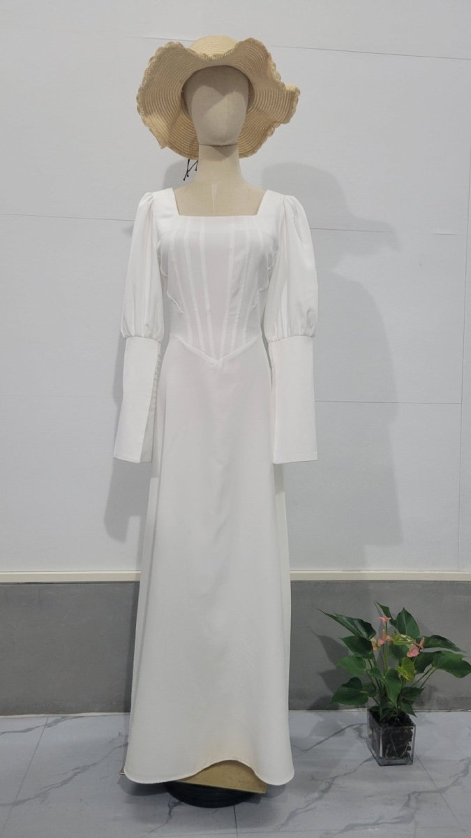 Elegant White Square Neck Long Sleeve Bubble Sleeve Modest Dress Abaya . (MA228) - Mariam's Collection