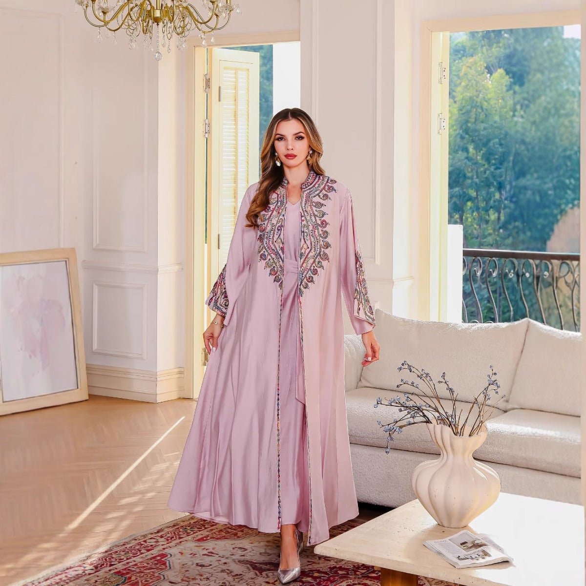 Embroidered Abaya Light Luxury Evening Dress - Modest Two - Piece Set with Geometric Embroidery & Bell Sleeve (MOA214) - Mariam's Collection