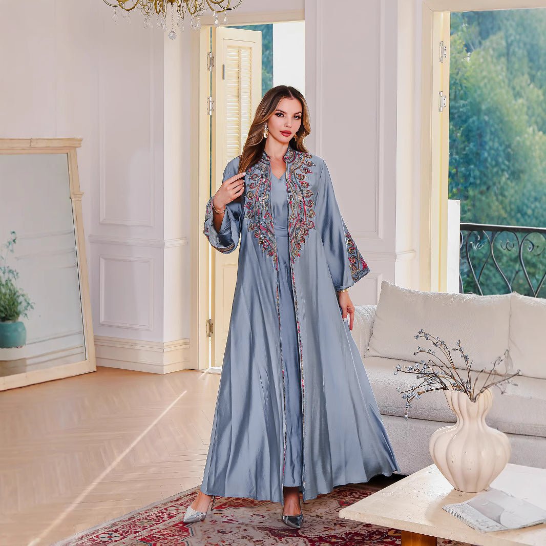 Embroidered Abaya Light Luxury Evening Dress - Modest Two - Piece Set with Geometric Embroidery & Bell Sleeve (MOA214) - Mariam's Collection