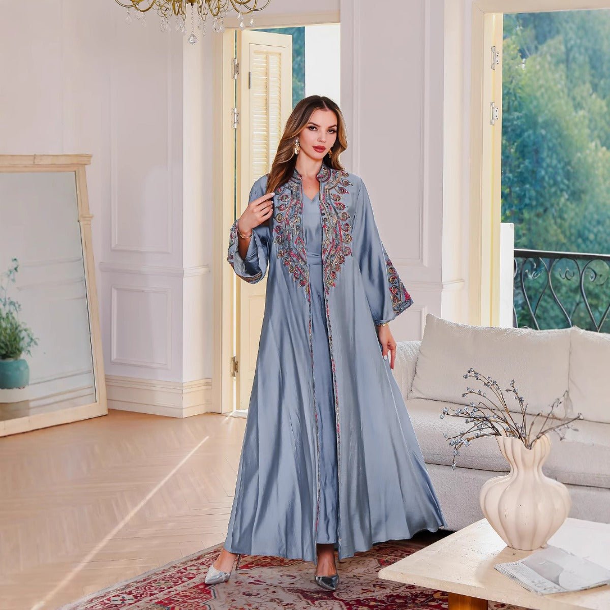 Embroidered Abaya Light Luxury Evening Dress - Modest Two - Piece Set with Geometric Embroidery & Bell Sleeve (MOA214) - Mariam's Collection
