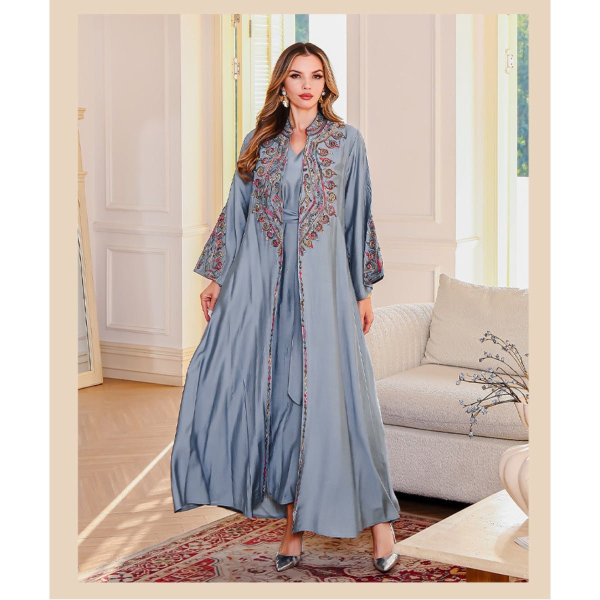 Embroidered Abaya Light Luxury Evening Dress - Modest Two - Piece Set with Geometric Embroidery & Bell Sleeve (MOA214) - Mariam's Collection